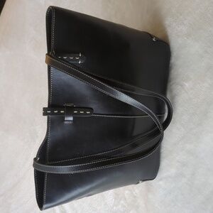 Black Italian Leather Ann Taylor Tote Bag Purse Classic Topstitch Magnetic Close